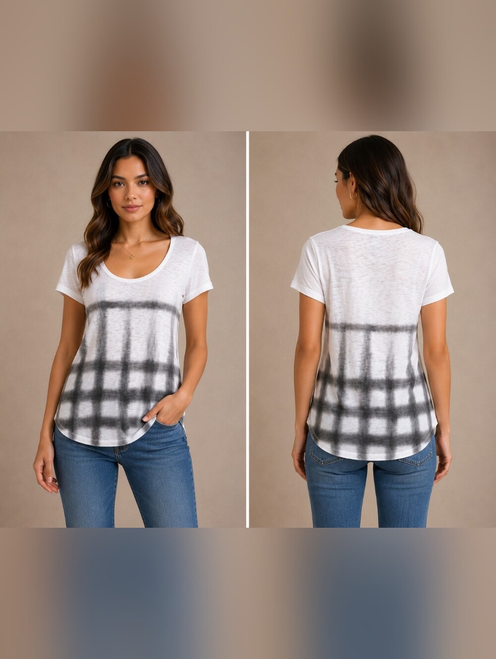 White & Black Grid-Print Scoop Neck Tee